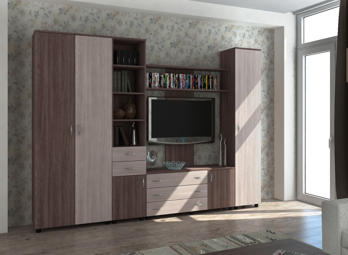 Модульная стенка Ритм-1 Модульная стенка Ритм-1Стенки<br>Размер: 2800х2100х520/424<br><br>Материалы: ЛДСП 16 мм, кромка ПВХ 0,4 мм., задняя спинка ДВПО в цвет корпуса<br>Полный размер (ДхВхГ): 2800х2100х520/424<br>Ниша под ТВ: 1200<br>Наполнение шкафа: Бельевое - полки<br>Комплектация: Металлические ручки-скобы цвета хром, петли 90 град. без доводчика, направляющие для ящиков роликовые<br>Вид ножек: Используются регулируемые пластиковые опоры (допустимая нагрузка на пару 200 кг)<br>Примечание: Доставляется в разобранном виде<br>Изготовление и доставка: 8-10 дней<br>Условия доставки: Бесплатная по Москве до подъезда<br>Условие оплаты: Оплата наличными при получении товара<br>Доставка по МО (за пределами МКАД): 30 руб./км<br>Доставка в пределах ТТК: Доставка в центр Москвы осуществляется ночью, с 22.00 до 6.00 утра<br>Подъем на грузовом лифте: 700 руб.<br>Подъем без лифта: 350 руб./этаж<br>Сборка: 10% от стоимости изделия<br>Гарантия: 12 месяцев<br>Производство: Россия<br>Производитель: Баронс Групп