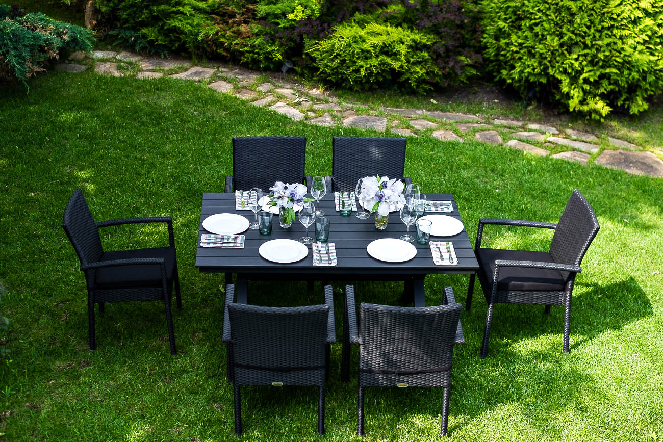 Обеденный комплект Milano 6 черный плетеный стул из роупа марсель салатовый