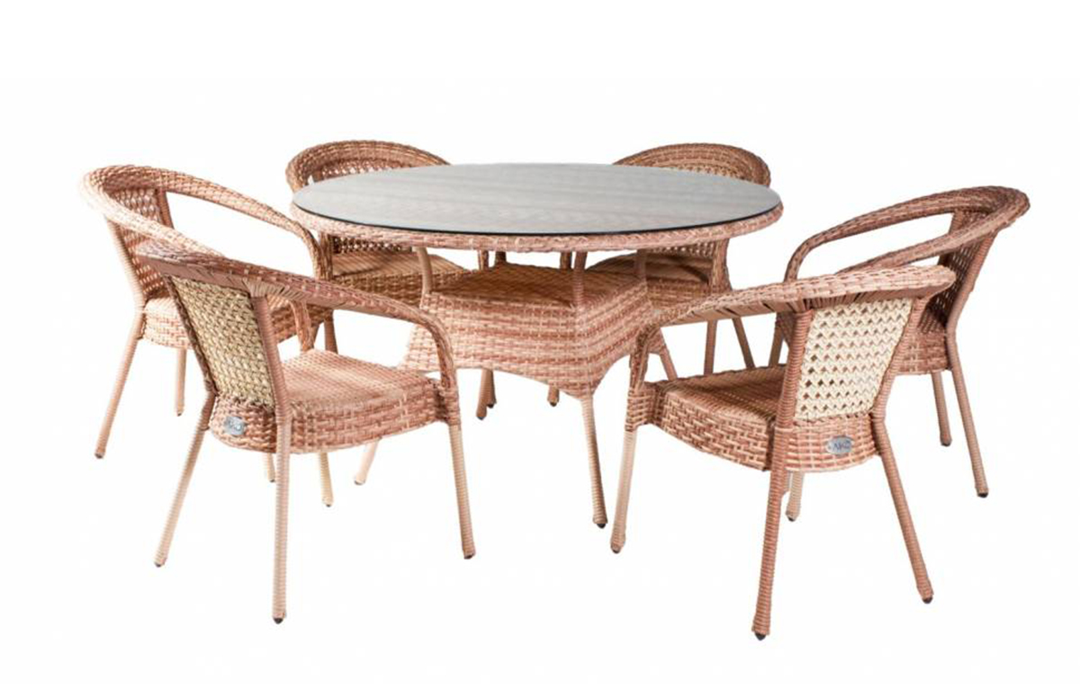 Комплект DECO 6 с круглым столом, светло-коричневый барный стул из роупа марсель серо коричневый